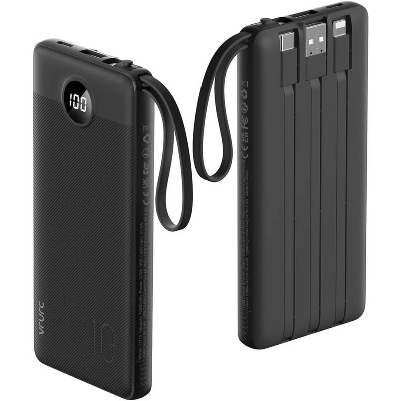 VRURC 10000mAh Power Bank built-in cables and USB ports