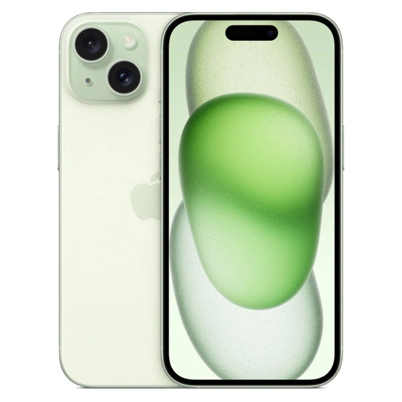 Green smartphone with a gradient design on a white background
Apple iPhone 15 Plus rear view showing 48MP dual camera system in Like New condition