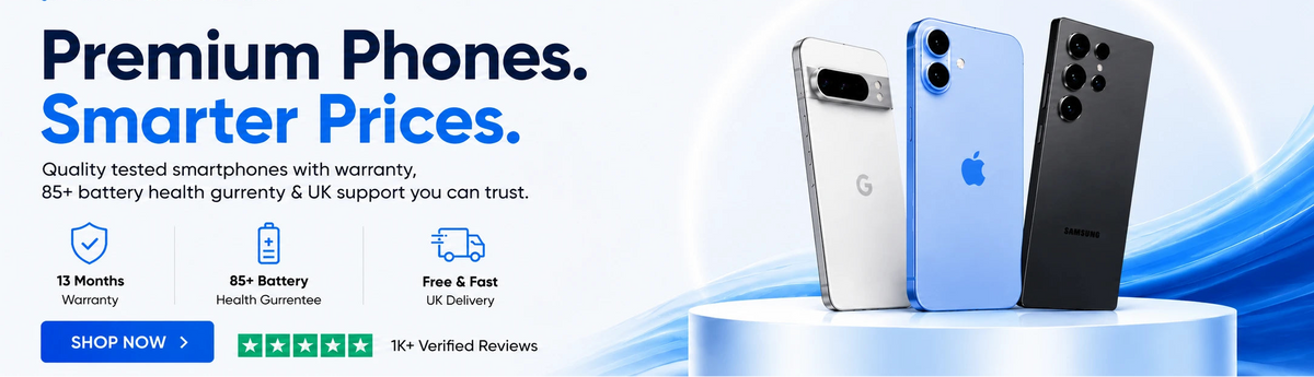 Promotional banner for Forge Deals featuring three smartphones in white, light blue, and dark gray/black, with text reading 'Premium Phones. Smarter Prices.