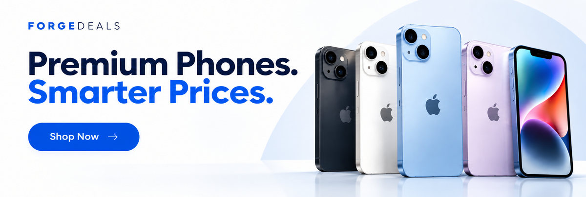 Promotional banner for iPhone phones showing five devices in different colors (black, white, blue, pink, and a pink/orange edition) on a light blue and white background with the text 'Premium Phones. Smarter Prices.